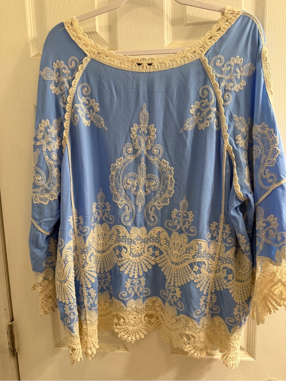 Democracy Light Blue Boho Tunic with Cream Crochet Trim plus size BoHo, romantic - Picture 8 of 9